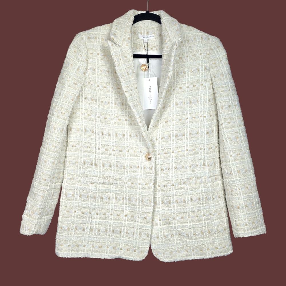 Vici × Emily Travis Womens Single Button Ivory Plaid Tweed Blazer Size S NWT